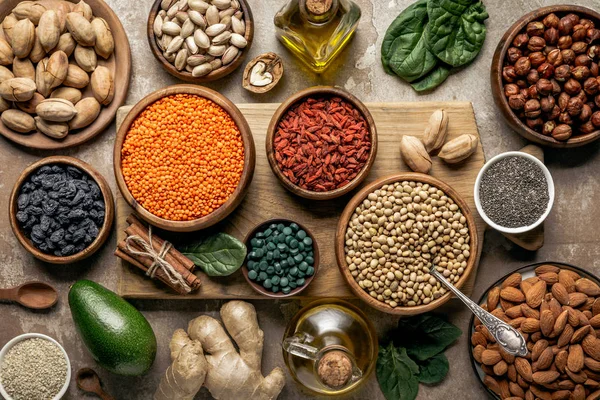 Flat Lay Legumes Superfoods Healthy Ingredients Wooden Board Rustic Background — Stock Photo, Image