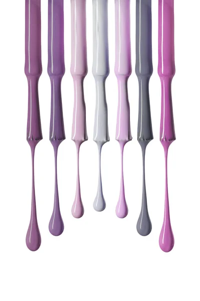 Glänzender Nagellack Mit Variation Der Violetten Farbe Isoliert Auf Weiß — Stockfoto