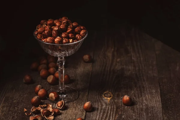 Close View Shelled Hazelnuts Glassware Wooden Surface — Free Stock Photo