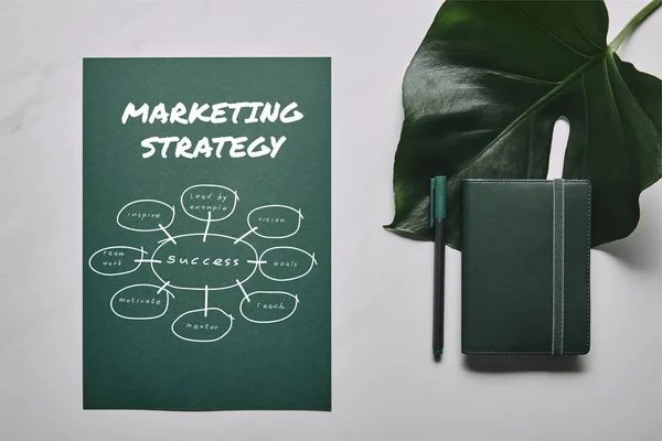 绿色文具集和蒙太奇叶在白色大理石背景与营销策略图标 — 图库照片