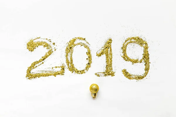 Golden Glittering 2019 Symbol Shiny Christmas Ball White Background — Stock Photo, Image
