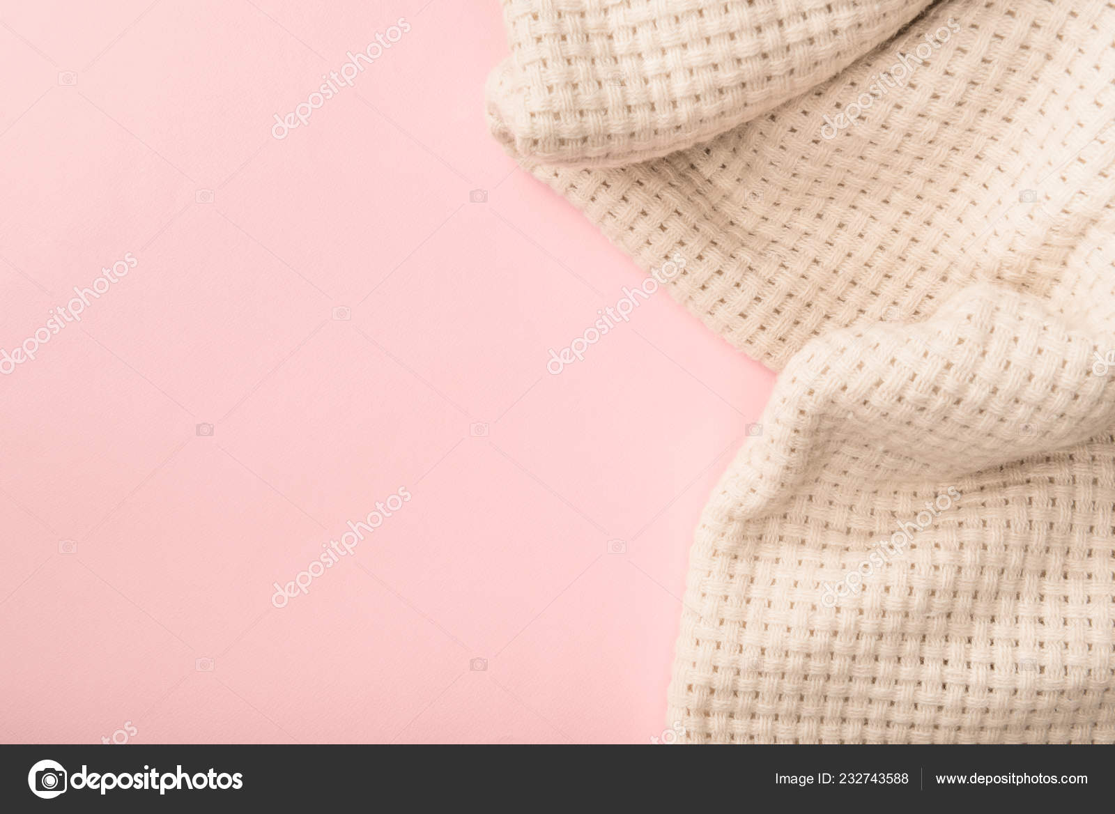 Top View White Knitted Blanket Pink Background Stock Photo by