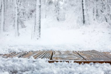 surface level of striped brown wooden path and beautiful winter forest clipart