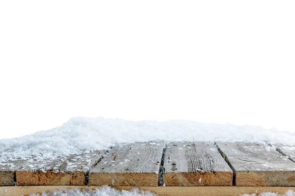 Gestreiftes Holz Rustikales Material Mit Schnee Auf Weiß Bedeckt — Stockfoto