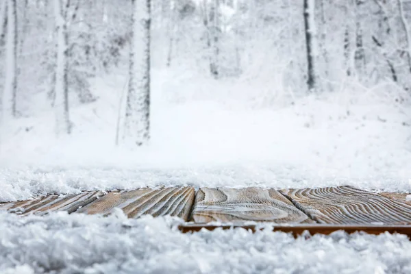 Surface Level Striped Brown Wooden Path Beautiful Winter Forest — Stock Photo, Image