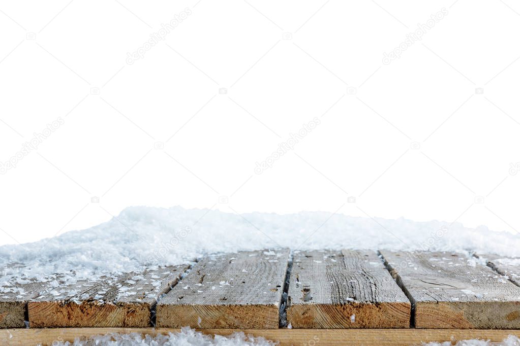 striped wooden rustic material covered with snow on white
