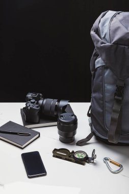 sırt çantası, smartphone, fotoğraf makinesi ile objektif ve izleme donanımları