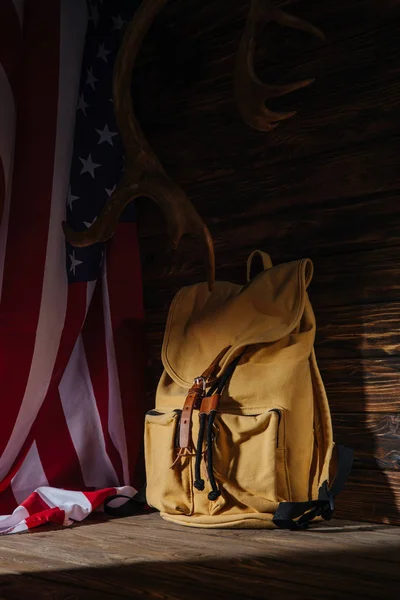 Backpack Horns American Flag Wooden Surface Travel Concept — Stock Photo, Image