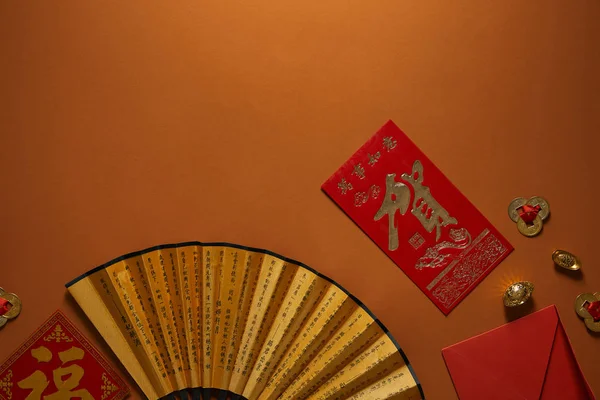 Top View Chinese New Year Composition Golden Decorations Fan Hieroglyphs — Stock Photo, Image