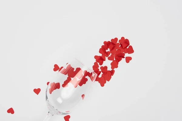 Top View Wine Glass Heap Red Paper Cut Hearts Isolated — Stock Photo, Image