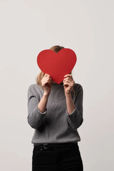 Young Woman Hiding Face Empty Red Paper Cut Heart Card — Stock Photo, Image