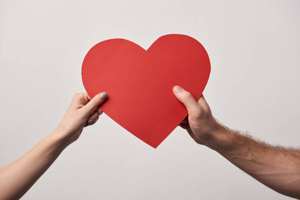 Partial View Couple Holding Together Blank Heart Card Isolated Grey Stock Image