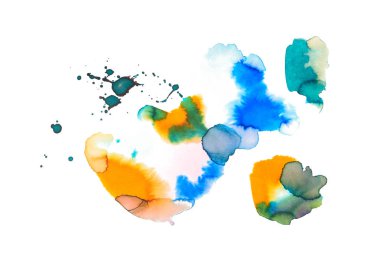 Abstract watercolor blue, golden and yellow spills isolated on white clipart