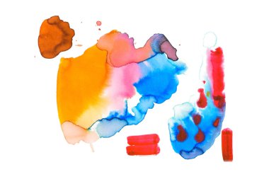 Abstract watercolor yellow, brown, blue, red and pink spills isolated on white clipart