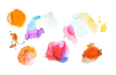 Abstract watercolor yellow, brown, blue, red, purple and pink spills isolated on white clipart