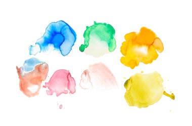 Abstract watercolor yellow, green, blue, coral, golden and purple spills isolated on white clipart