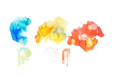 Set of abstract blue, golden, brown, and coral spills isolated on white clipart