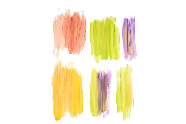 Abstract watercolor coral, golden, purple and green brushstrokes isolated on white