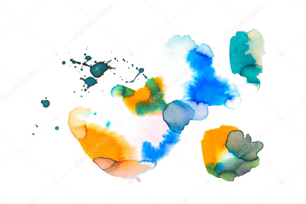 Abstract watercolor blue, golden and yellow spills isolated on white