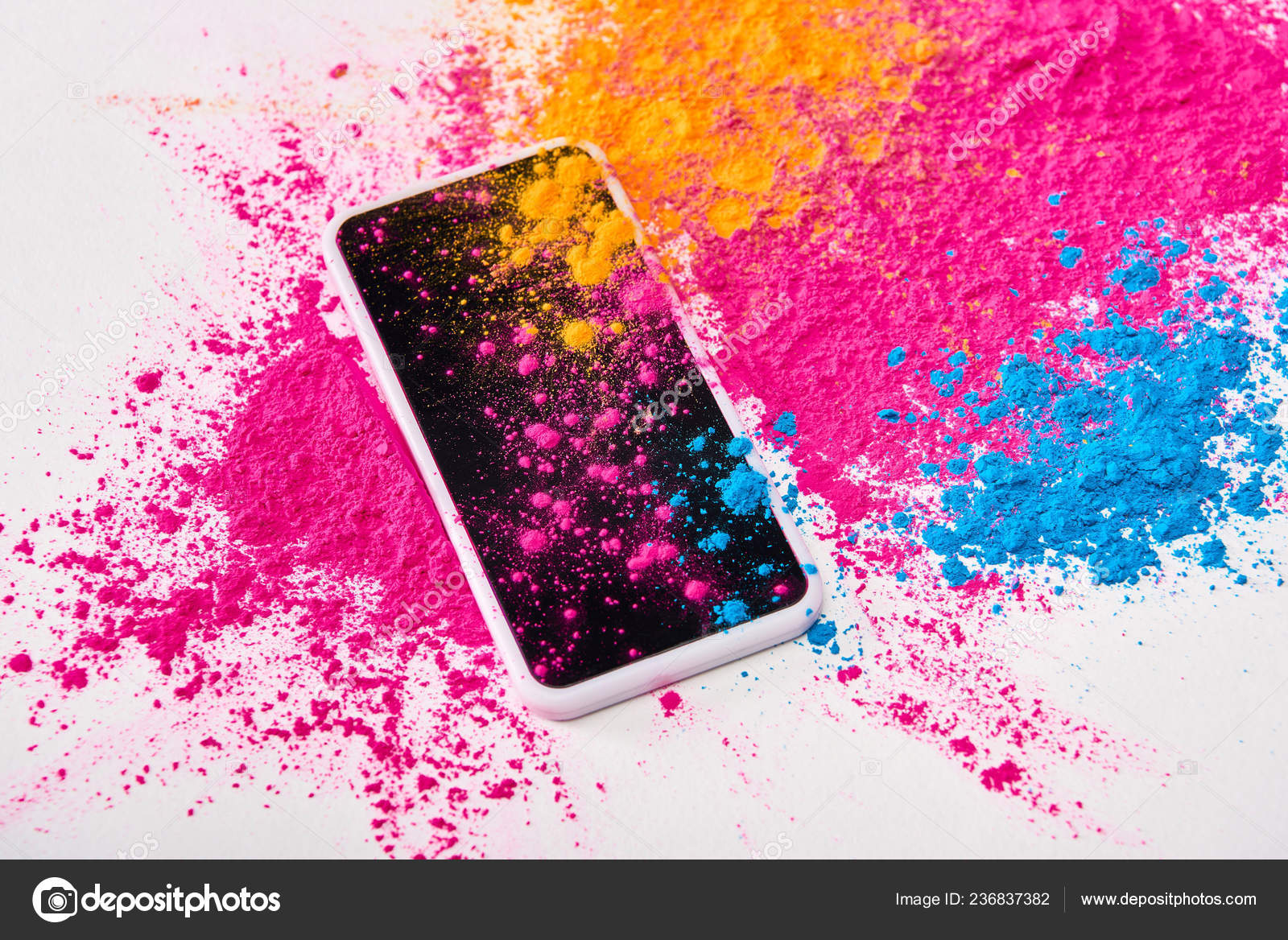 Top View Smartphone Explosion Multicolored Holi Powder White Images, Photos, Reviews