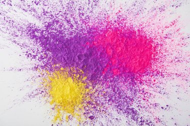 top view of explosion of purple, pink and yellow holi powder on white background clipart
