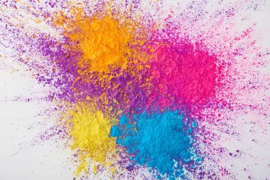 top view of explosion of multicolored holi powder on white background clipart