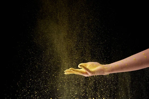 Cropped View Woman Holding Yellow Holi Powder Black Background — Stock Photo, Image