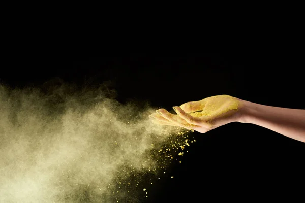 Cropped View Adult Woman Yellow Holi Powder Black Background — Stock Photo, Image