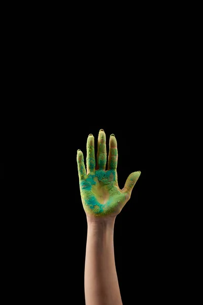 Обрізаний Вид Жінки Показує Руку Зеленому Порошку Холі Ізольовано Чорному — стокове фото