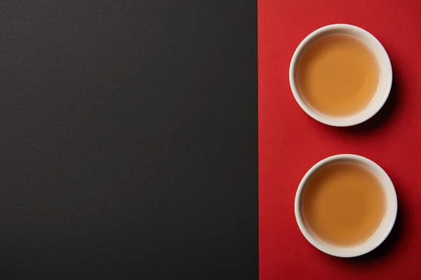 Top View Tea Cups Red Black Background Copy Space — Stock Photo, Image