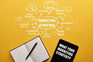 top view of digital tablet with blank notebook and marketing strategy illustration on yellow background