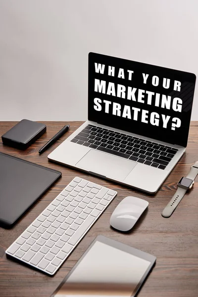 Flat Lay Gadgets Laptop What Your Marketing Strategy Question Screen — Stock Photo, Image