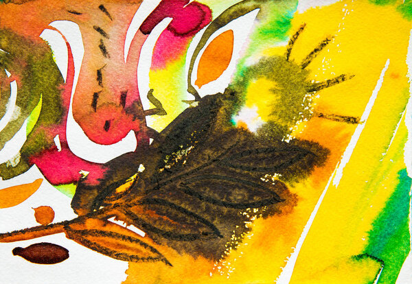 top view of abstract multicolored watercolor picture with floral print