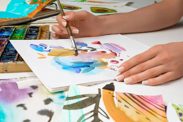 Selective Focus Female Hands Drawing Album Watercolor Paints Paintbrush — Stock Photo, Image