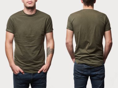 cropped view of tattooed man in basic khaki t-shirt with copy space isolated on white clipart