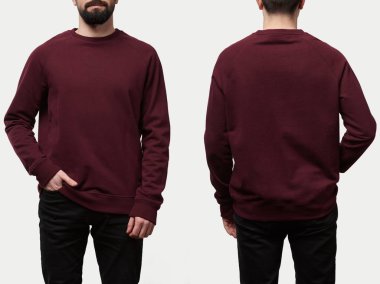 collage of man in burgundy sweatshirt with copy space isolated on white clipart