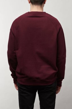 back view of man in burgundy sweatshirt with copy space isolated on grey clipart