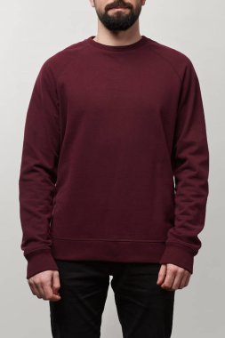 partial view of man in casual burgundy sweatshirt with copy space isolated on grey clipart