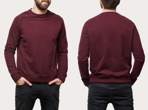 Collage Van Man Bourgondië Sweatshirt Met Kopie Ruimte Geïsoleerd Wit — Stockfoto