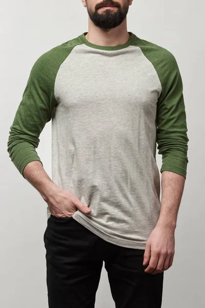 Gedeeltelijke Weergave Van Bebaarde Man Raglan Mouwen Honkbal Shirt Met — Stockfoto