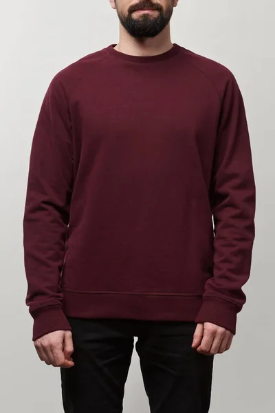 Partial View Man Casual Burgundy Sweatshirt Copy Space Isolated Grey — Stock Photo, Image