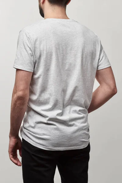 Baksidan Mannen Vit Shirt Med Kopia Utrymme Isolerad Grå — Stockfoto