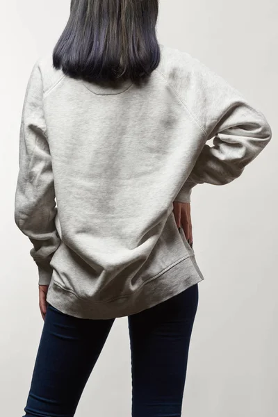 Back View Young Woman Casual Grey Hoodie Copy Space Isolated — Stock Photo, Image