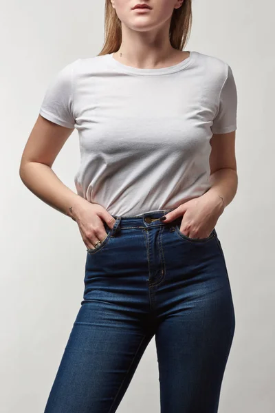 Partial View Young Woman Denim White Shirt Copy Space Isolated — Stock Photo, Image