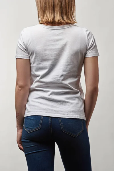 Back View Young Woman White Cotton Shirt Copy Space Isolated — Stock Photo, Image