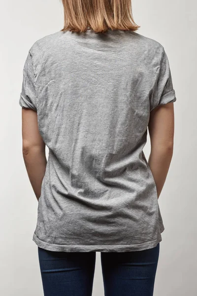 Vista Trasera Mujer Joven Camiseta Gris Algodón Con Espacio Copia — Foto de Stock