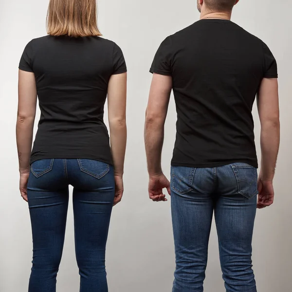 Visão Traseira Homem Mulher Jovens Camisetas Pretas Com Espaço Cópia — Fotografia de Stock