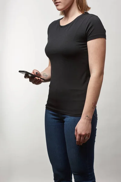 Partial View Young Woman Black Shirt Copy Space Using Smartphone — Stock Photo, Image