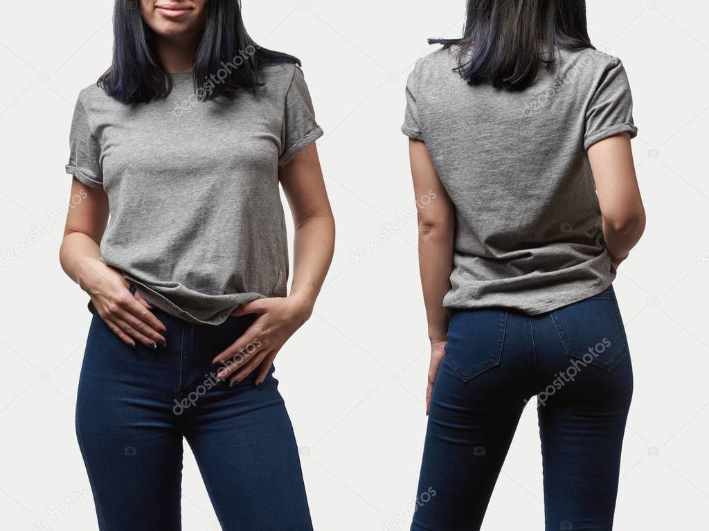 Collage of young woman in grey cotton t-shirt with copy space isolated on white