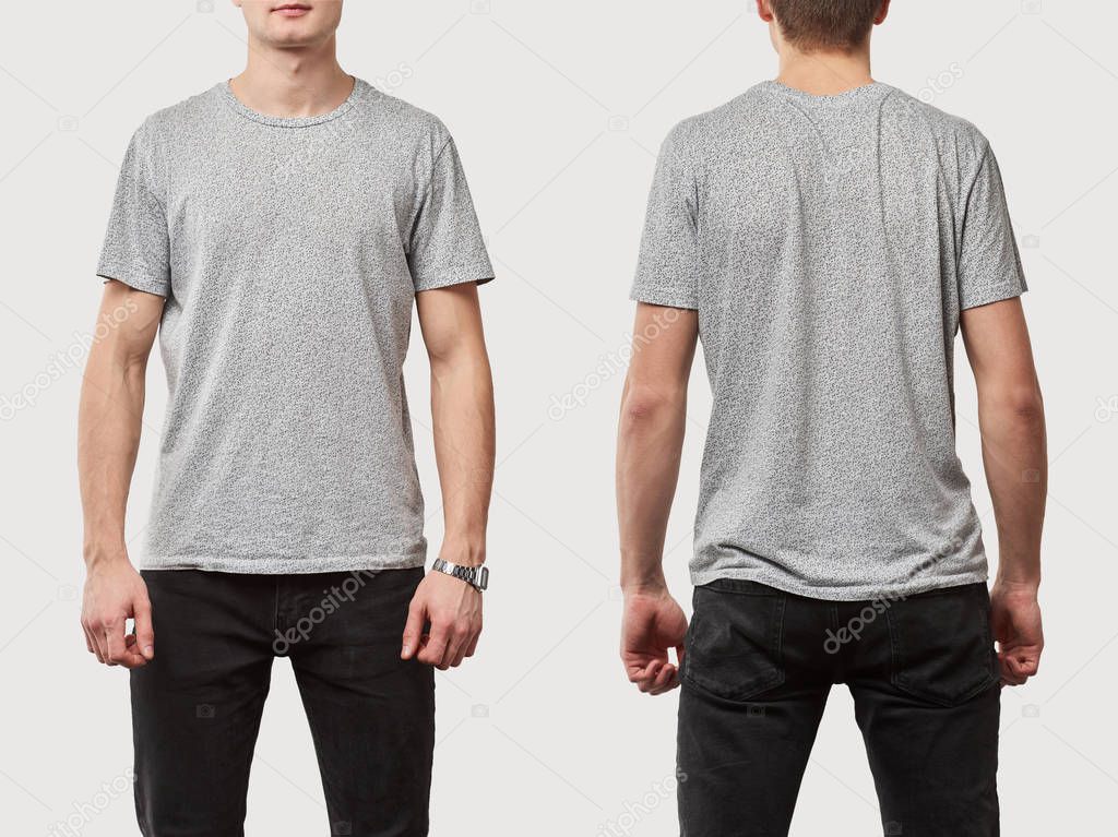 Collage of man in grey t-shirt with copy space isolated on white